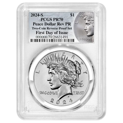 2024-S PCGS PR-70 First Day of Issue Morgan & Peace Dollar Reverse Proof Silver 2-Coin Set - Morgan & Peace Labels