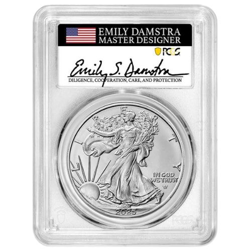 2025\u0020PCGS\u0020MS\u002D70\u0020First\u0020Day\u0020of\u0020Issue\u00201\u0020oz\u0020American\u0020Silver\u0020Eagle\u0020Coin\u0020\u002D\u0020Emily\u0020Damstra\u0020Label