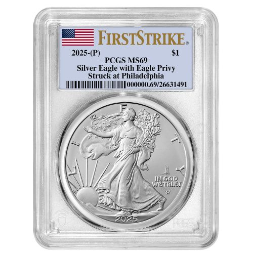 2025\u002D\u0028P\u0029\u0020PCGS\u0020MS\u002D69\u0020First\u0020Strike\u0020Eagle\u0020Privy\u00201\u0020oz\u0020American\u0020Silver\u0020Eagle\u0020Coin