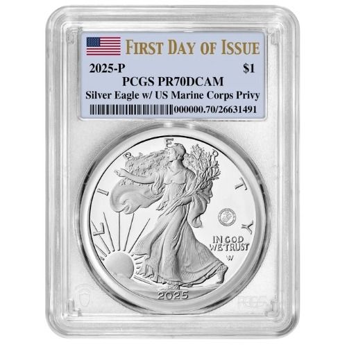 2025\u002DP\u0020PCGS\u0020PR\u002D70\u0020First\u0020Day\u0020of\u0020Issue\u0020Marine\u0020Privy\u00201\u0020oz\u0020American\u0020Silver\u0020Eagle\u0020Proof\u0020Coin