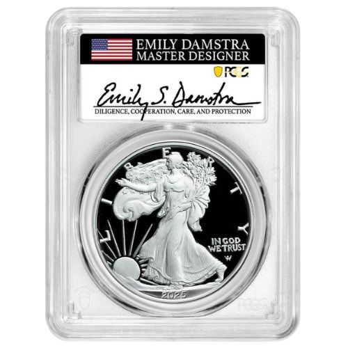 2025\u002DW\u0020PCGS\u0020PR\u002D70\u0020Advance\u0020Release\u00201\u0020oz\u0020American\u0020Silver\u0020Eagle\u0020Proof\u0020Coin\u0020\u002D\u0020Emily\u0020Damstra\u0020Label