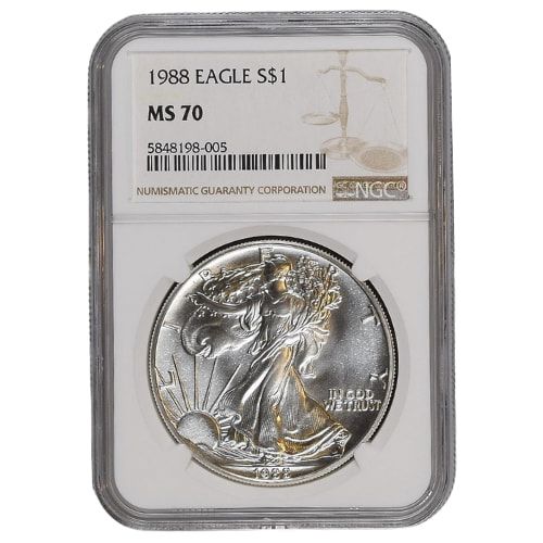 1988\u0020NGC\u0020MS\u002D70\u00201\u0020oz\u0020American\u0020Silver\u0020Eagle\u0020Coin\u0020\u002D\u0020Brown\u0020Label
