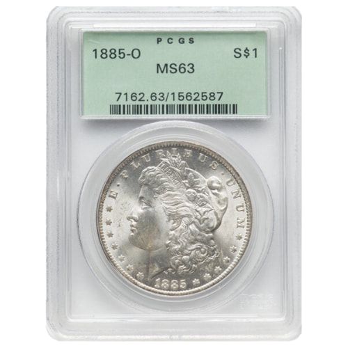 1885\u002DO\u0020PCGS\u0020MS\u002D63\u0020Morgan\u0020Dollar\u0020Silver\u0020Coin\u0020\u002D\u0020Old\u0020Green\u0020Holder