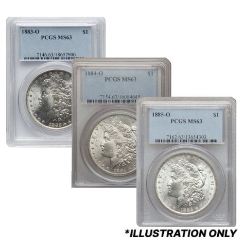 1883\u002D1885\u002DO\u0020Silver\u0020Morgan\u0020Dollar\u0020PCGS\u0020MS\u002D63\u00203\u0020Coin\u0020Set