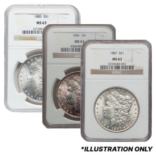 1885\u002D1887\u0020Silver\u0020Morgan\u0020Dollar\u0020NGC\u0020MS\u002D63\u00203\u0020Coin\u0020Set