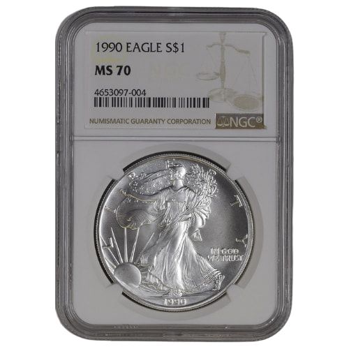1990\u0020NGC\u0020MS\u002D70\u00201\u0020oz\u0020American\u0020Silver\u0020Eagle\u0020Coin\u0020\u002D\u0020Brown\u0020Label