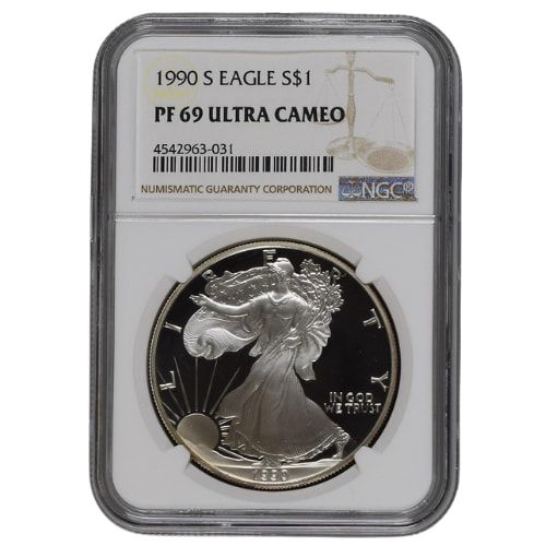1990\u002DS\u0020NGC\u0020PF\u002D69\u00201\u0020oz\u0020American\u0020Silver\u0020Eagle\u0020Proof\u0020Coin