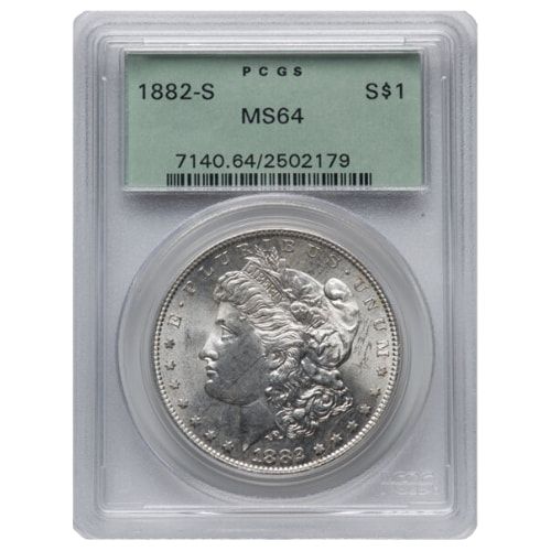 1882\u002DS\u0020PCGS\u0020MS\u002D64\u0020Morgan\u0020Dollar\u0020Silver\u0020Coin\u0020\u002D\u0020Old\u0020Green\u0020Holder