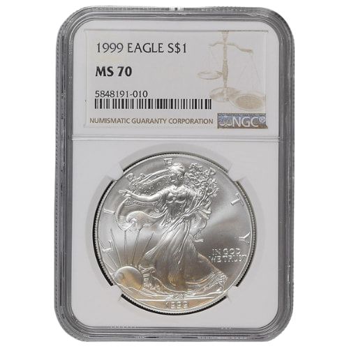1999\u0020NGC\u0020MS\u002D70\u00201\u0020oz\u0020American\u0020Silver\u0020Eagle\u0020Coin\u0020\u002D\u0020Brown\u0020Label