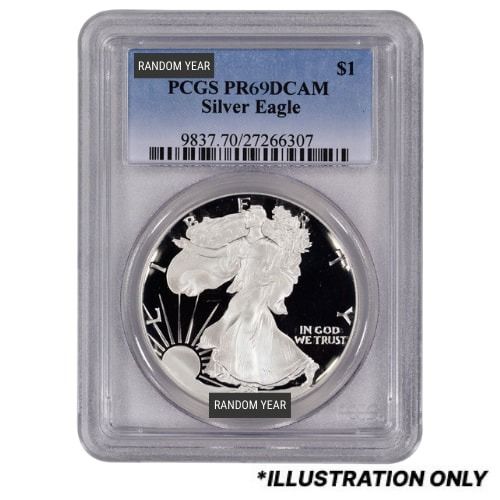 PCGS\u0020PR\u002D69\u00201\u0020oz\u0020American\u0020Silver\u0020Eagle\u0020Proof\u0020Coins\u0020\u002D\u0020Random\u0020Year