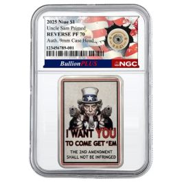 2025 NGC PF-70 1 oz Uncle Sam Primed Authentic 9mm Bullet Primer Reverse Proof Silver Coin