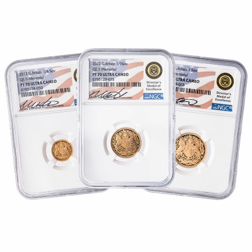 2022 NGC PF-70 UC Gold Sovereign Queen Elizabeth II Memorial 3-Coin Proof Set - Signature Label