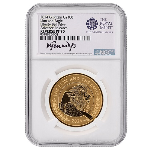 2024 NGC PF-70 Advanced Releases 1 oz British The Lion and The Eagle Reverse Proof Gold Coin with Liberty Bell Privy Mark