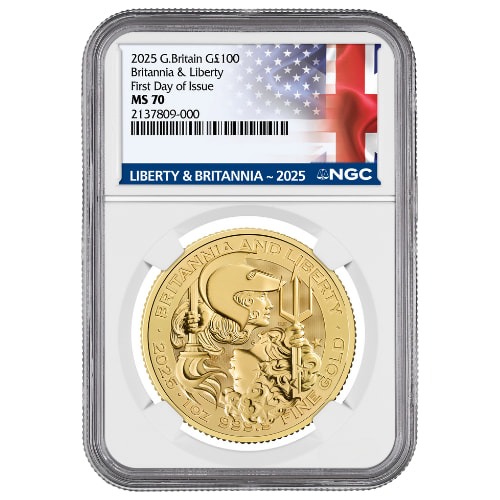 2025 NGC MS-70 First Day of Issue 1 oz British Gold Britannia and Liberty Coin