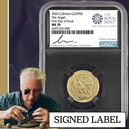 2026 NGC MS-70 First Day of Issue 1/4 oz British Angel Gold Coin - Gordon Summers Label
