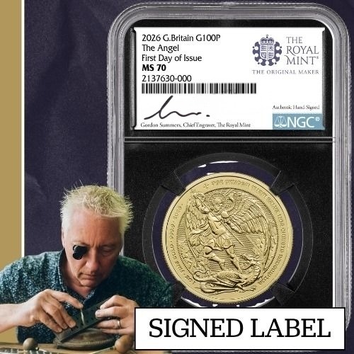 2026 NGC MS-70 First Day of Issue 1 oz British Angel Gold Coin - Gordon Summers Label