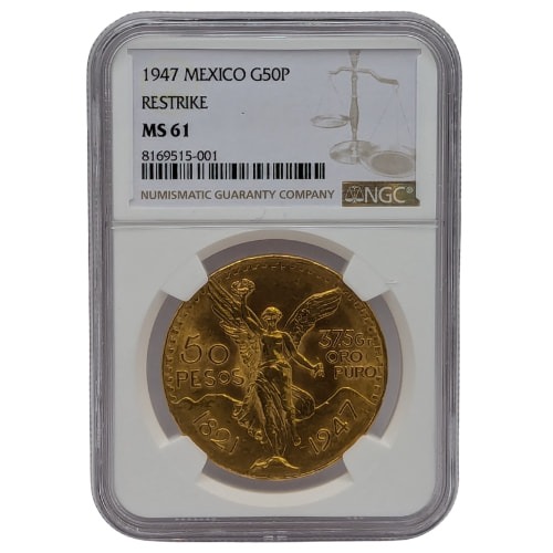 1947 NGC MS-61 Mexican 50 Pesos Gold Coin (Restrike)