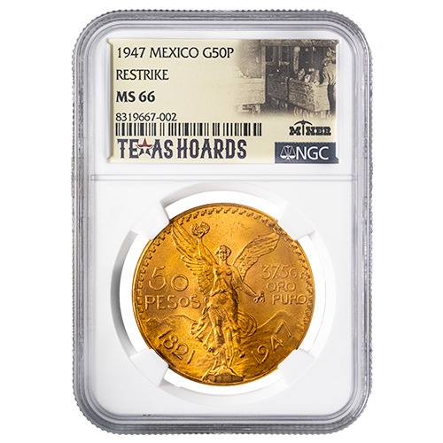 1947 NGC MS-66 Mexican 50 Pesos Gold Coin (Restrike) - Texas Miner Hoard