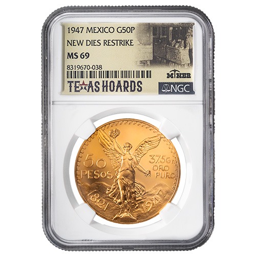 1947 NGC MS-69 Mexican 50 Pesos Gold Coin (New Dies Restrike) - Texas Miner Hoard