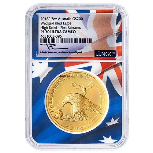2018 NGC PF-70 First Releases 2 oz Australian Wedge-Tailed Eagle High Relief Proof Gold Coin - John Mercanti Label - Australia Core