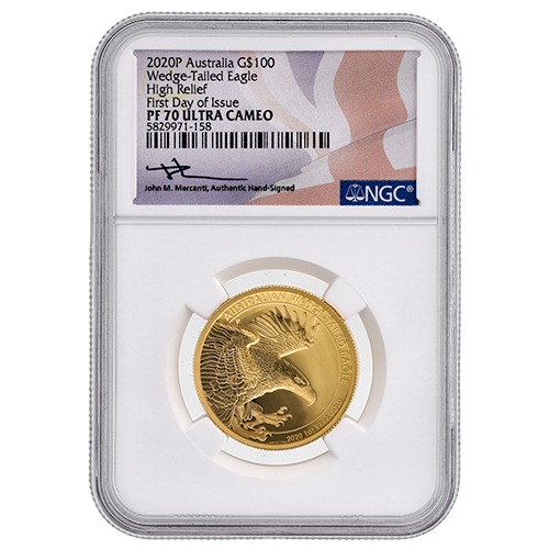 2020 NGC PF-70 First Day of Issue 1 oz Australian Wedge-Tailed Eagle High Relief Proof Gold Coin - John Mercanti Label