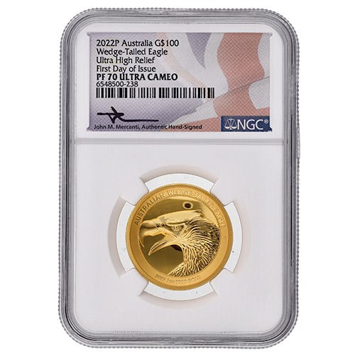 2022-P NGC PF-70 1 oz Australian Wedge-Tailed Eagle High Relief Proof Gold Coin - John Mercanti Label