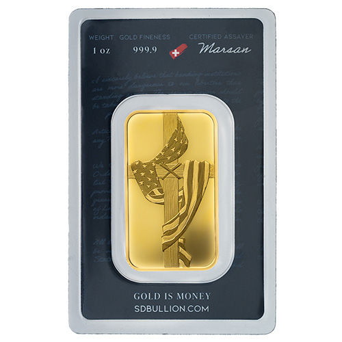 1 oz SD Bullion Cross and Flag Gold Bar