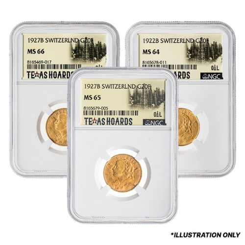Random Swiss Gold 20 Francs Coin - Texas Oil Baron Hoard - NGC Certified