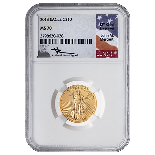 2013 NGC MS-70 1/4 oz American Gold Eagle Coin - John Mercanti Label