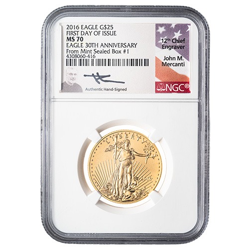 2016 NGC MS-70 First Day of Issue 1/2 oz American Gold Eagle - 30th Anniversary Label signed by John Mercanti (From Mint Box #1)