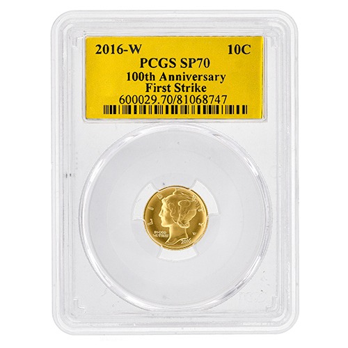 2016-W PCGS SP-70 1/10 oz Mercury Dime Centennial Gold Coin - Gold Foil Label