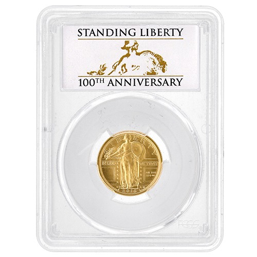 2016-W PCGS SP-70 1/4 oz Standing Liberty Gold Quarter Dollar Coin - 100th Anniversary Label