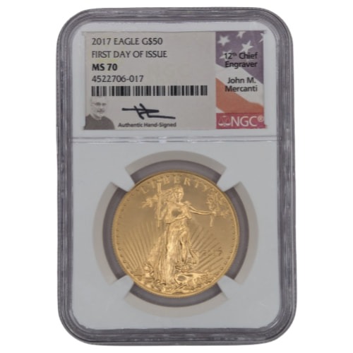 2017 NGC MS-70 First Day of Issue 1 oz American Gold Eagle Coin - John M. Mercanti Label