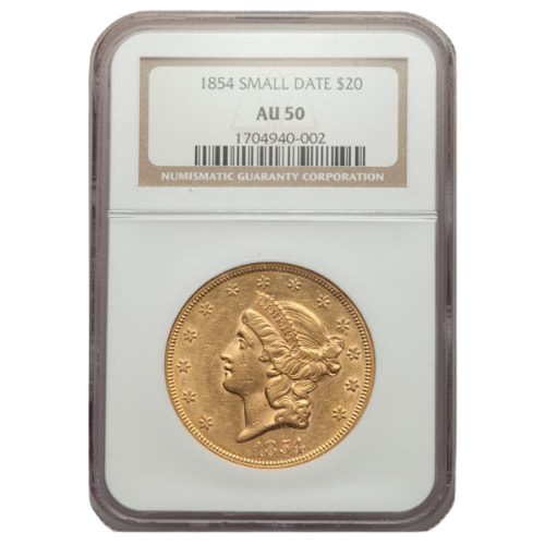 1854 NGC AU-50 $20 Liberty Double Eagle Gold Coin - Small Date