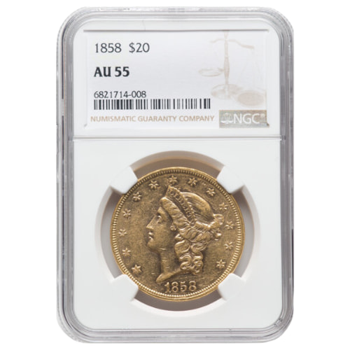1858 NGC AU-55 $20 Liberty Double Eagle Gold Coin