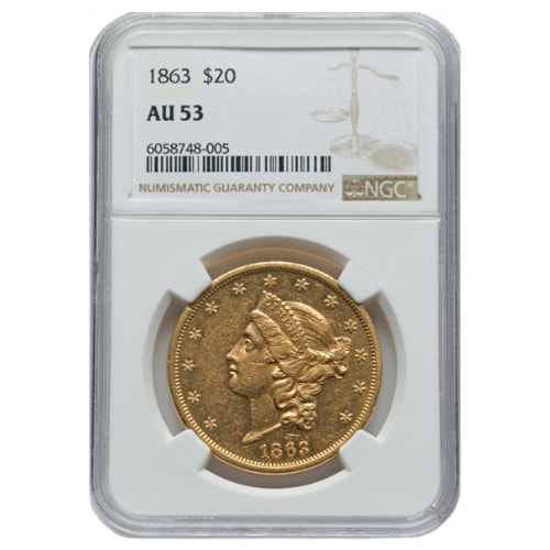 1863 NGC AU-53 $20 Liberty Double Eagle Gold Coin