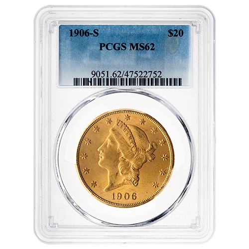 1906-S US Gold Liberty Double Eagle $20 Coin PCGS MS-62