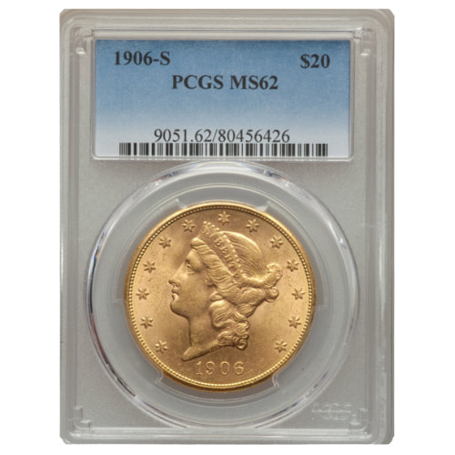 1906-S US Gold Liberty Double Eagle $20 Coin PCGS MS-62