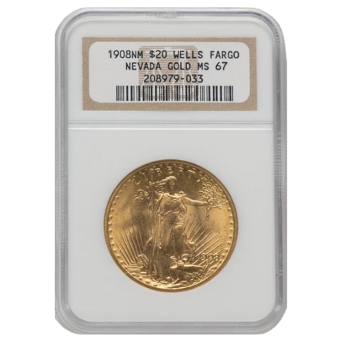 1908 NGC MS-67 $20 St. Gaudens Double Eagle Gold Coin - No Motto - Wells Fargo Nevada Gold Hoard Label