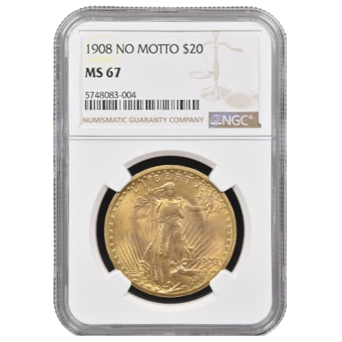 1908 NGC MS-67 $20 St. Gaudens Double Eagle Gold Coin - No Motto