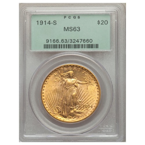 1914-S PCGS MS-63 $20 St. Gaudens Double Eagle Gold Coin - Old Green Holder