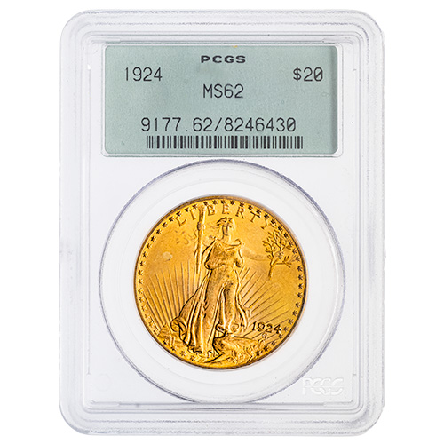 1924 PCGS MS-62 $20 St. Gaudens Double Eagle Gold Coin in Old Green Holder