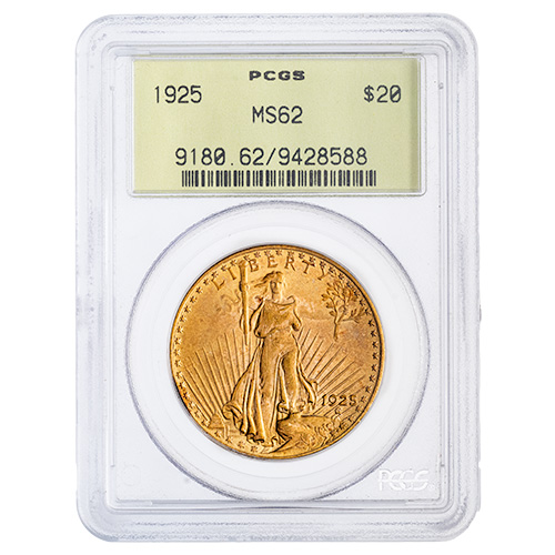 1925 PCGS MS-62 $20 St. Gaudens Double Eagle Gold Coin in Old Green Holder