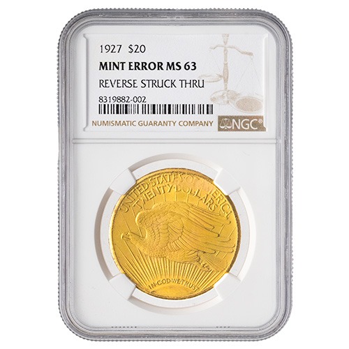 1927 NGC MS-63 Mint Error Reverse Struck Thru $20 St. Gaudens Double Eagle Gold Coin