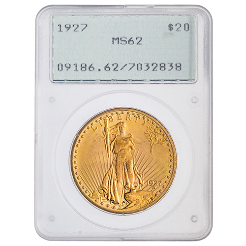 1927 PCGS MS-62 $20 St. Gauden Double Eagle Gold Coin - Rattler Holder