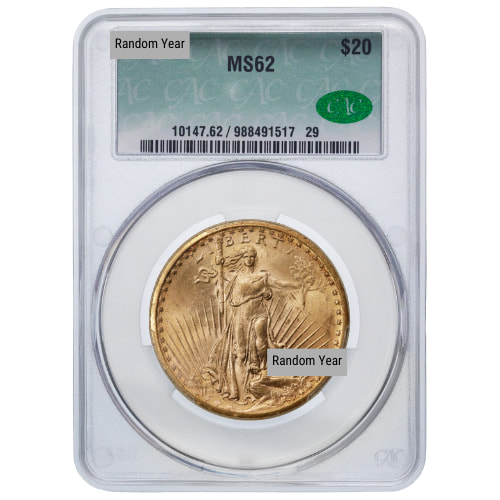 CAC MS-62 $20 Saint Gaudens Double Eagle Gold Coin - Random Year