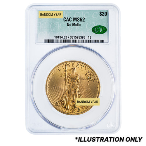 CAC MS-62 $20 Saint Gaudens Double Eagle Gold Coin No Motto - Random Year