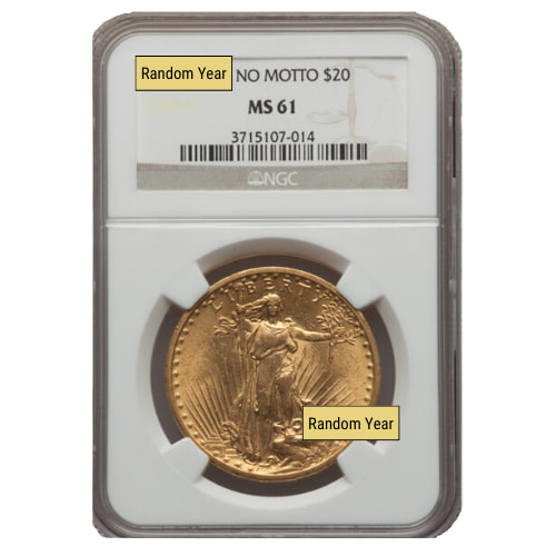 NGC MS-61 $20 St. Gaudens Double Eagle Gold Coin No Motto - Random Year