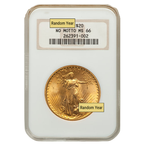 NGC MS-66 $20 St. Gaudens Double Eagle Gold Coin No Motto - Random Year