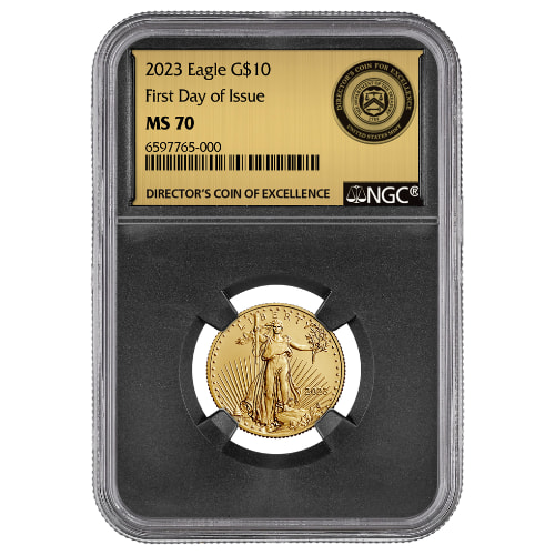 2023 NGC MS-70 First Day of Issue 1/4 oz American Gold Eagle Coin - Miles Standish Director's Medal of Excellence Label